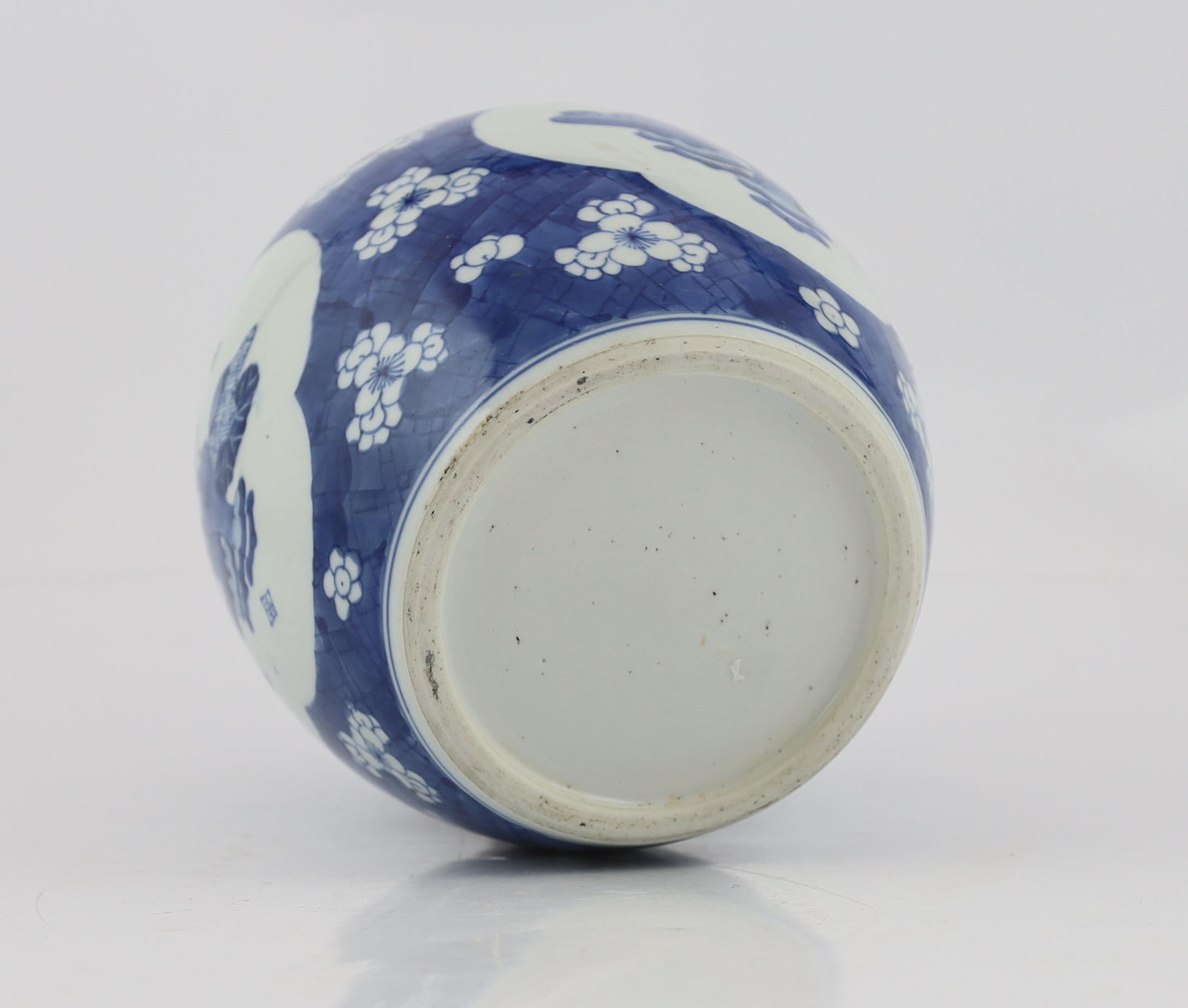 A Chinese blue and white ‘Antiques’ jar, Kangxi period, minor restoration to rim